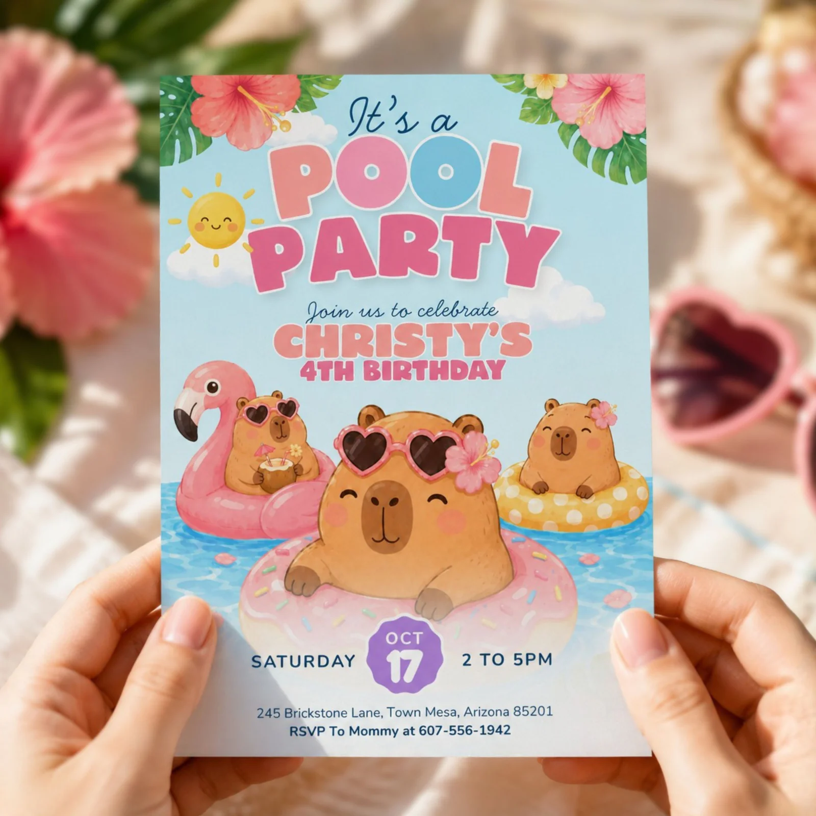 Capybara Pool Party Invitation held in hands, featuring cute capybaras at a pool party with flamingo floats.
