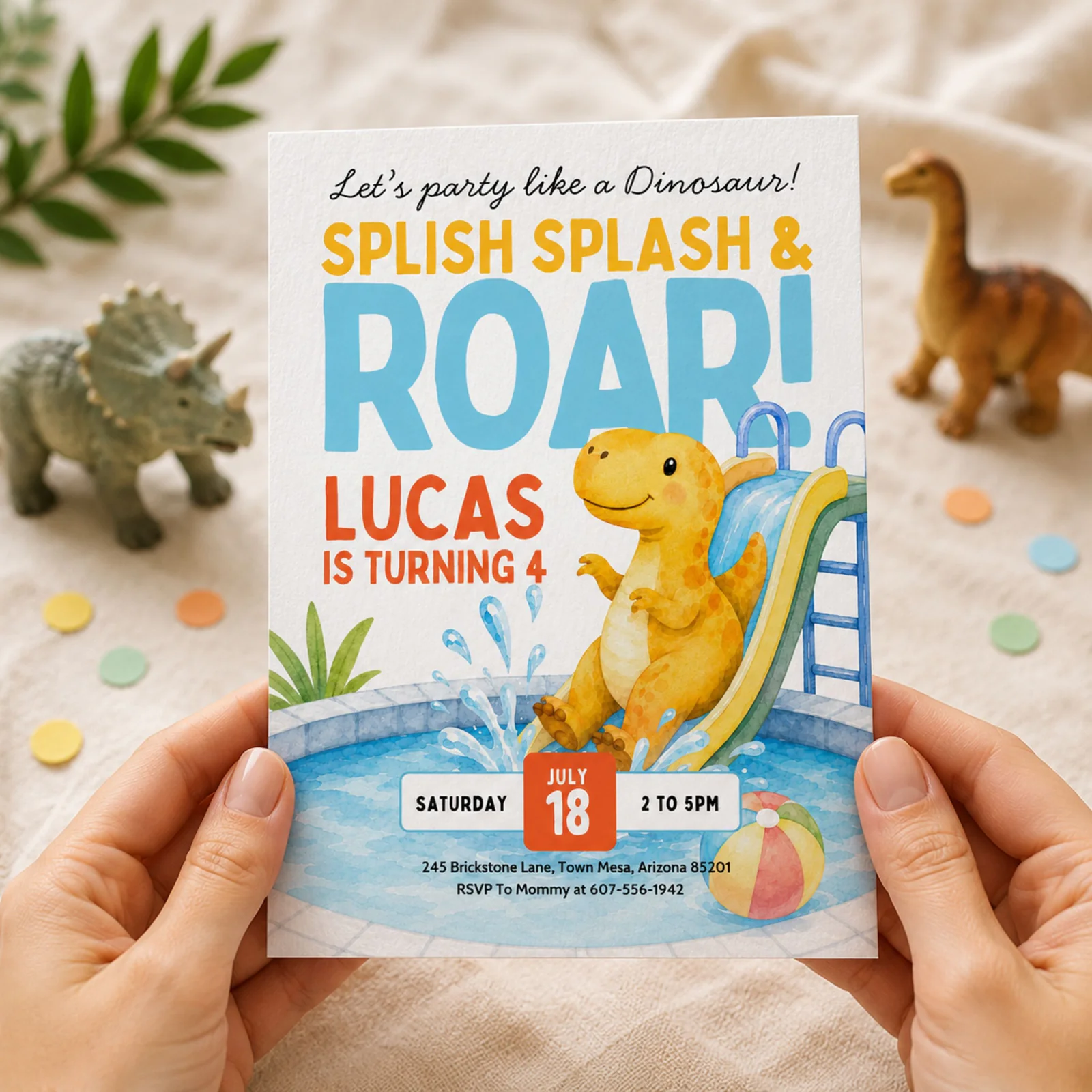 Dinosaur Pool Party Invitation held in hands, featuring a T-rex on a waterslide, editable Canva template.