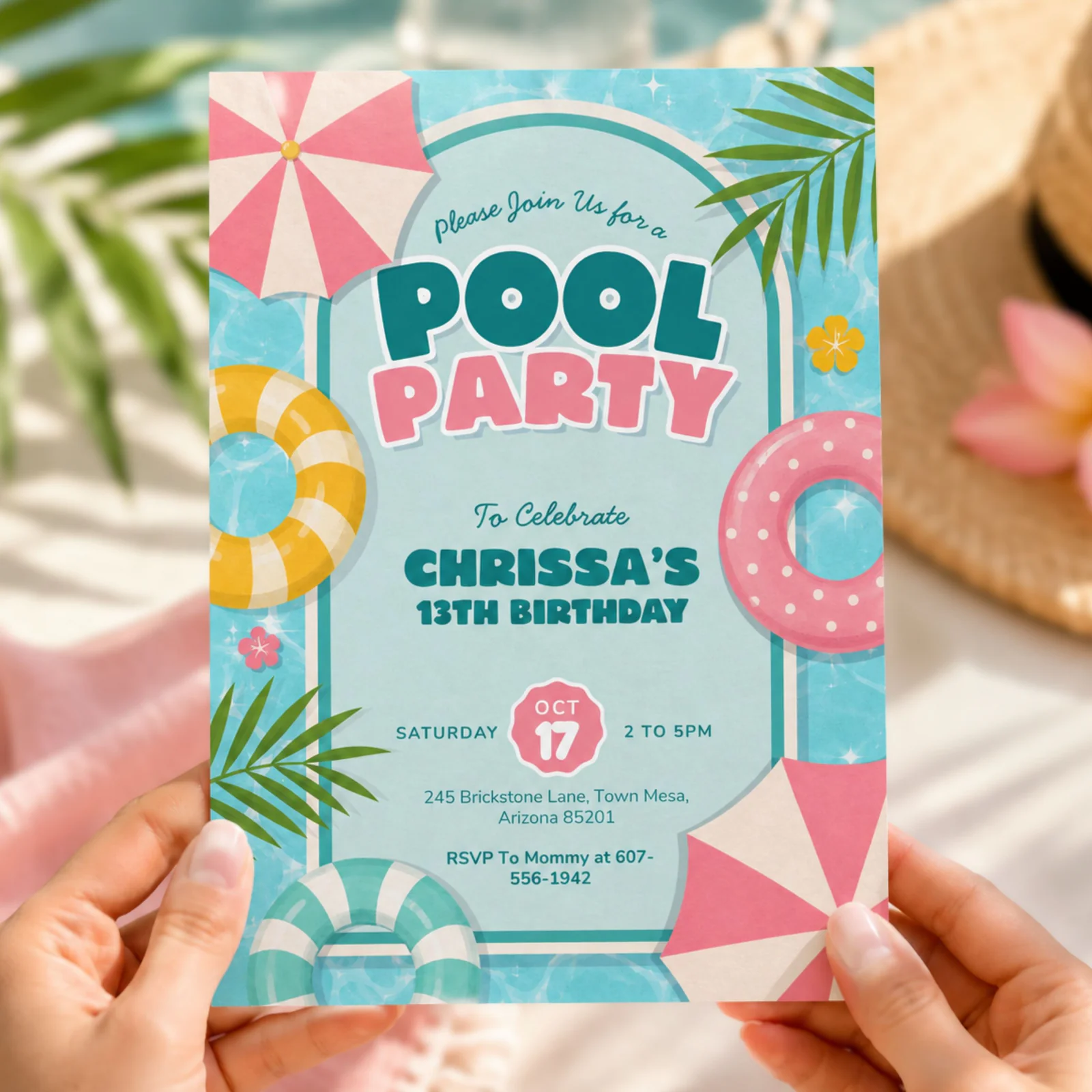 Pool party birthday invitation held in hands, featuring colorful pool floats and umbrellas, editable Canva template.