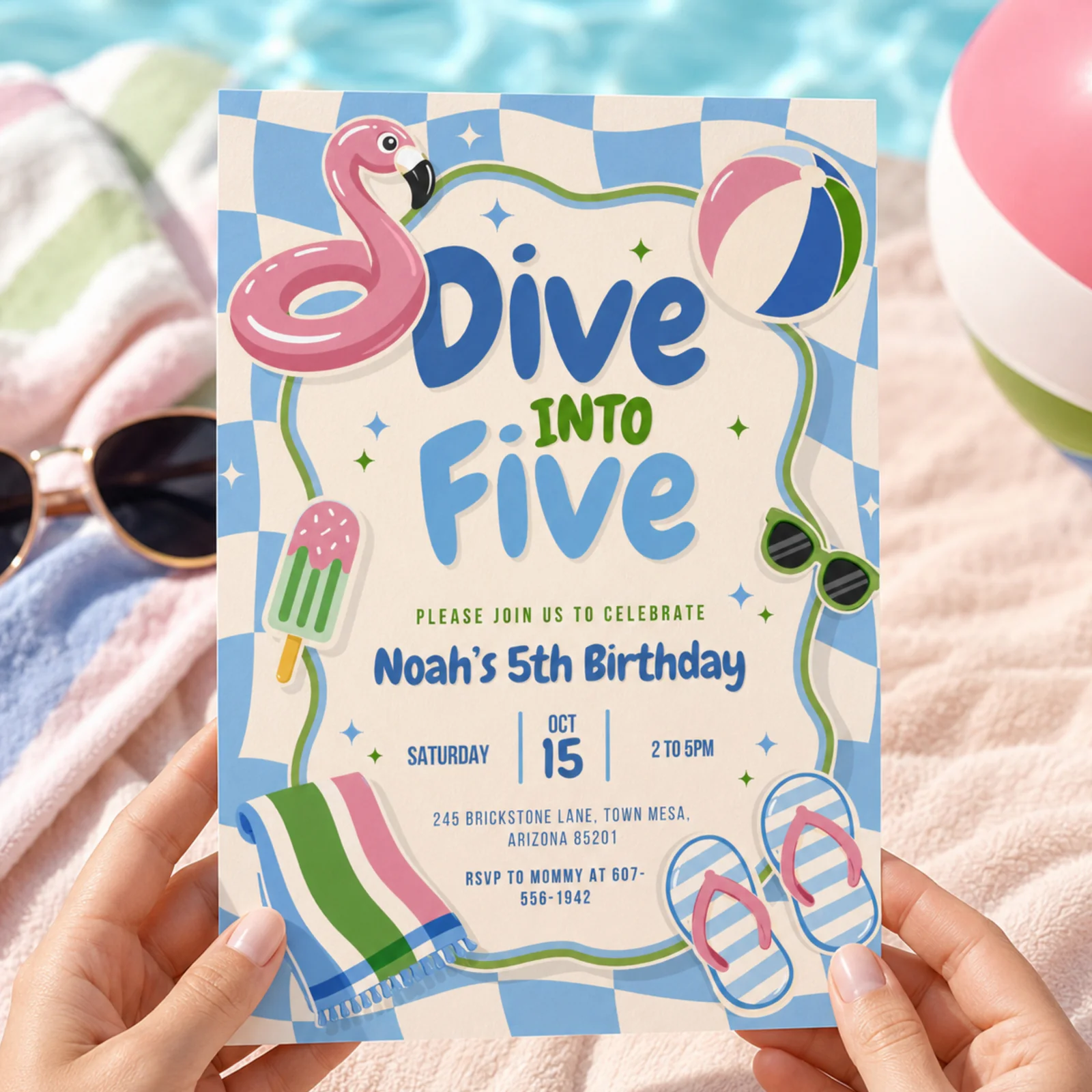 Dive Into Five birthday invitation held in hands, showing pink flamingo and pool party theme. Editable Canva template.