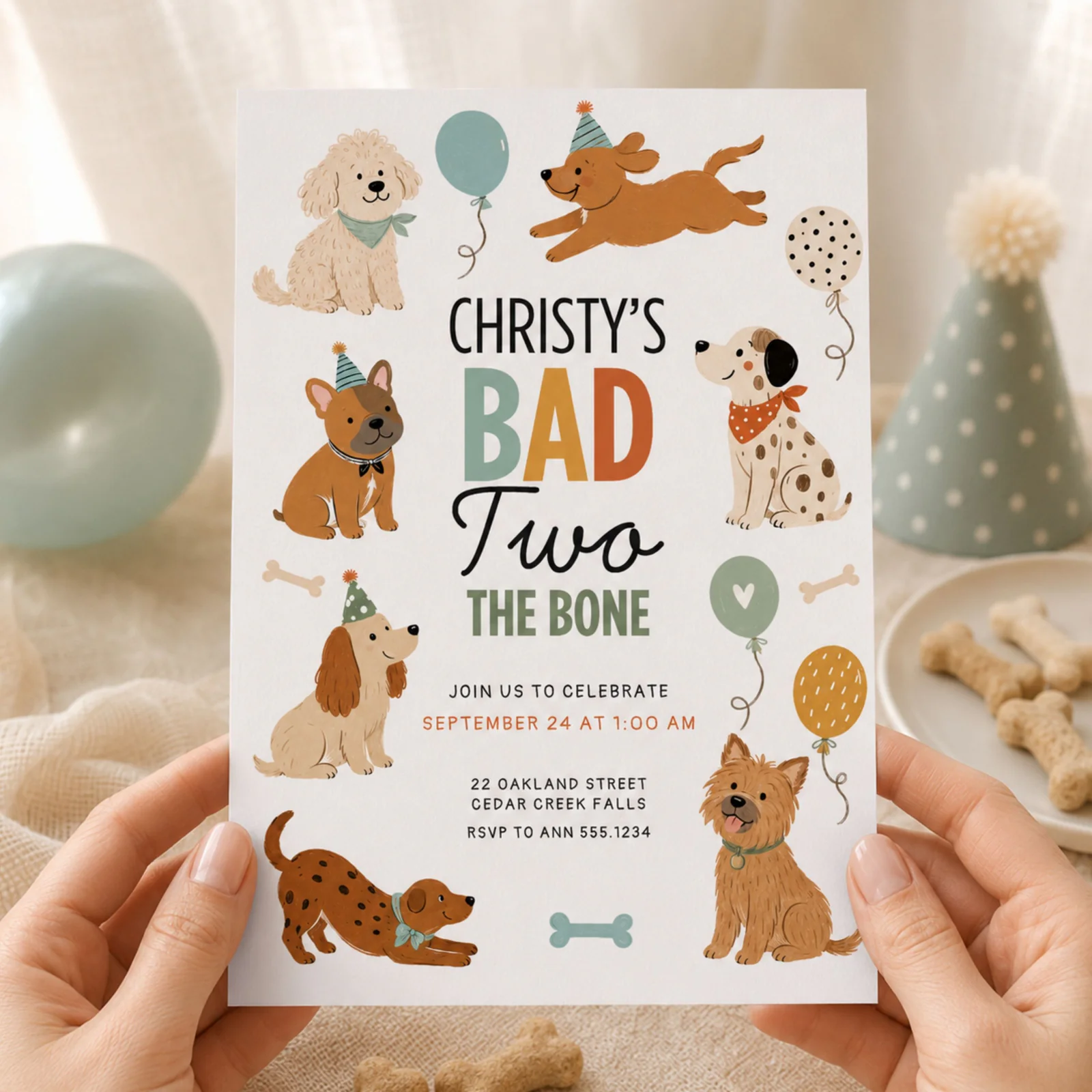Dog birthday invitation held in hands, featuring cartoon dog breeds, bones, and balloons for a puppy pawty.