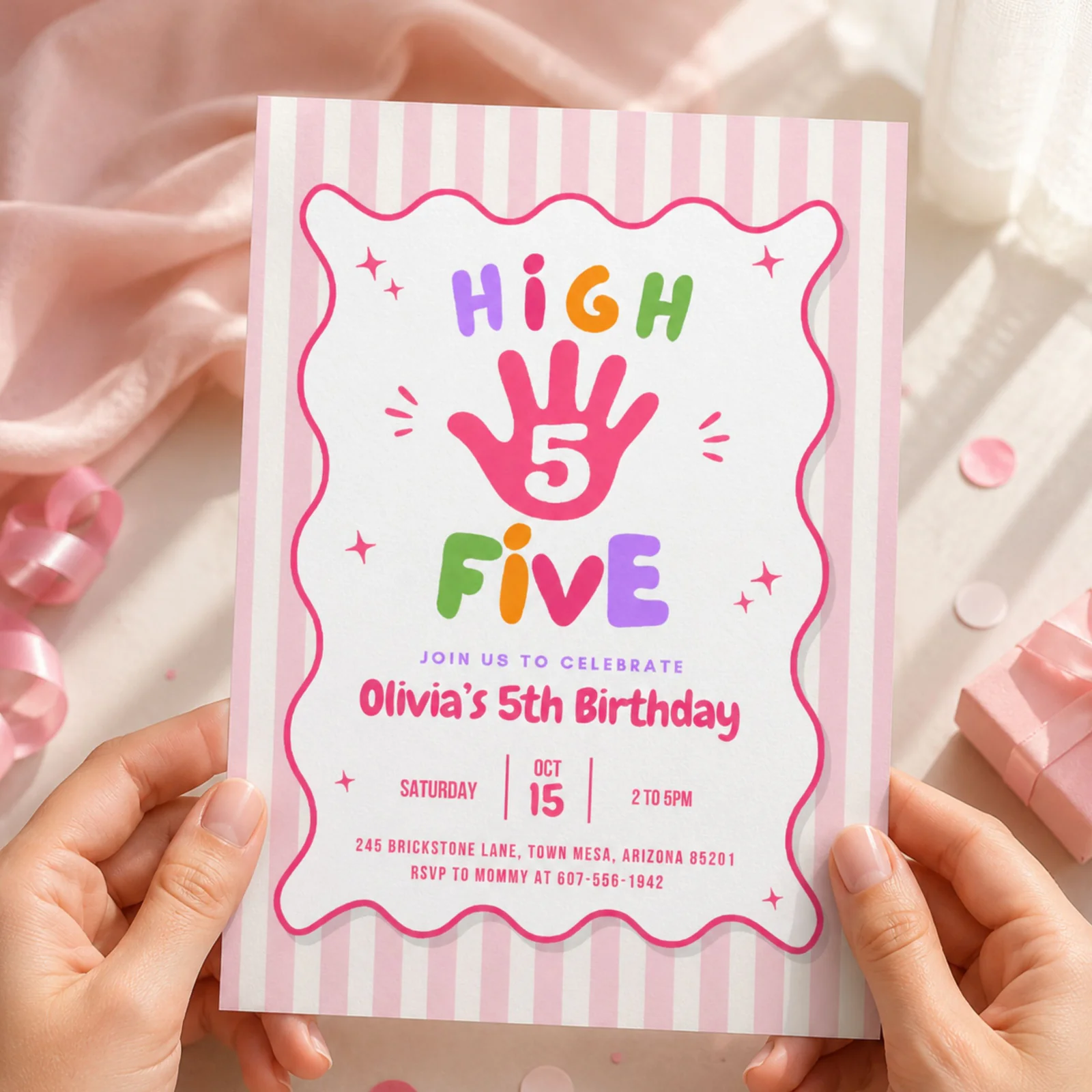 High Five birthday invitation held in hands, colorful watercolor handprint design, editable Canva template.