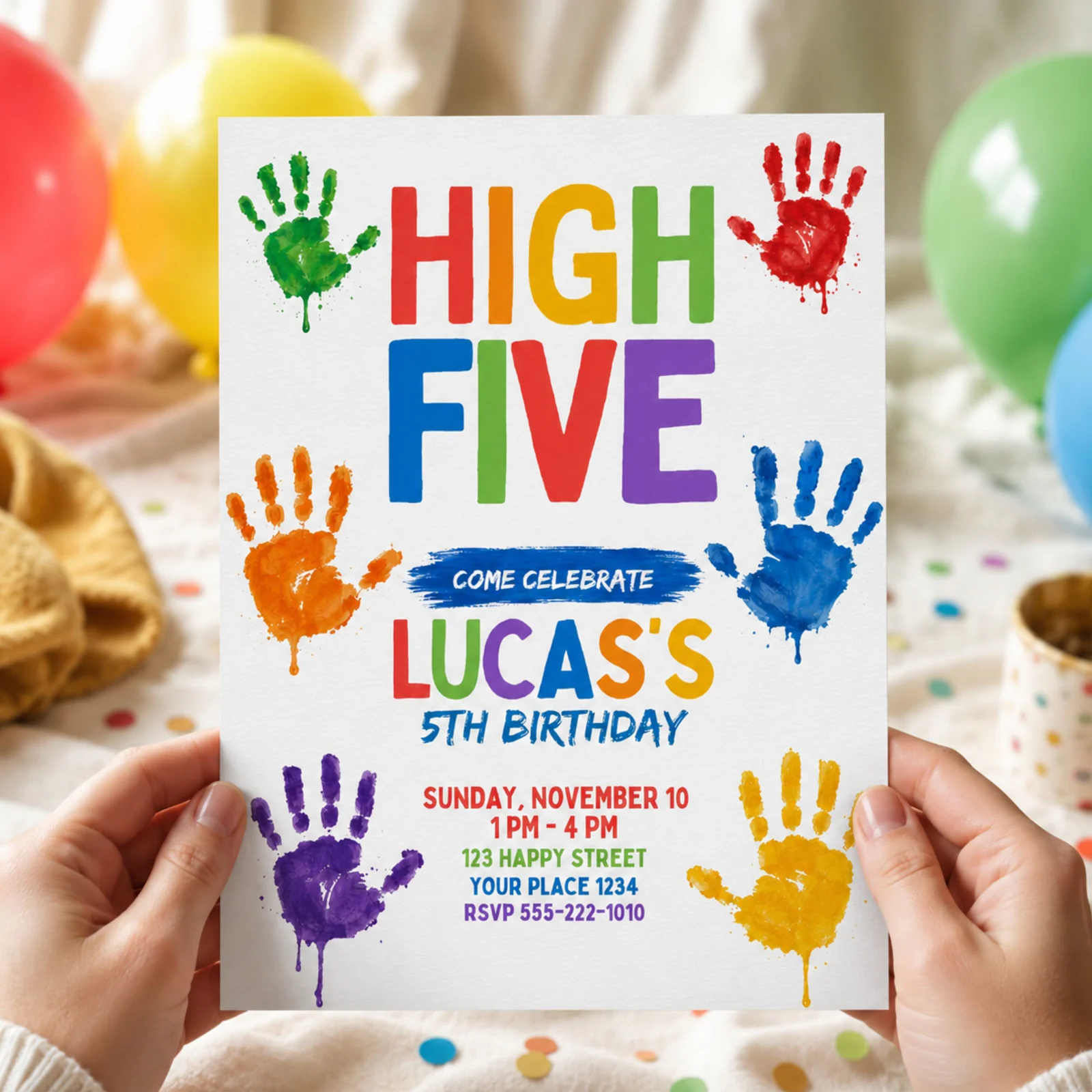 High Five birthday invitation held in hands, featuring colorful handprints and bold text for a 5th birthday party.