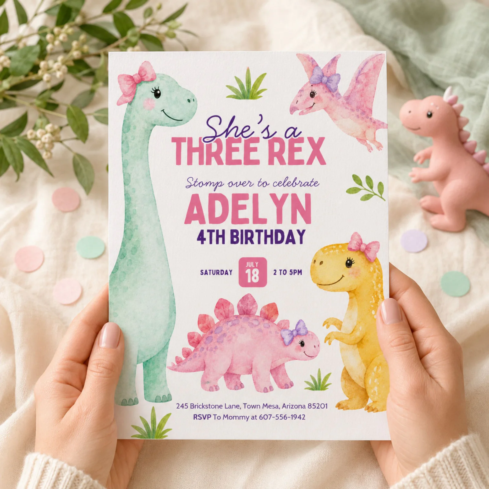Dinosaur birthday invitation held in hands, featuring sweet pink pastel watercolor dinos with bows for a girl's party.